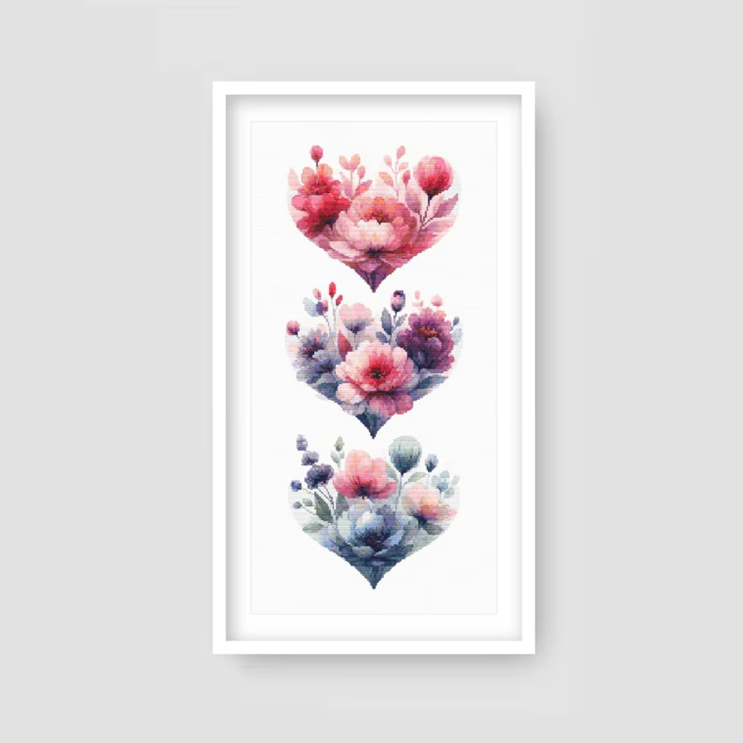 Blooming Hearts Trio Cross Stitch Pattern, Floral Cross Stitch Pattern, Heart Cross Stitch Pattern, Flower Embroidery. Digital PDF Download