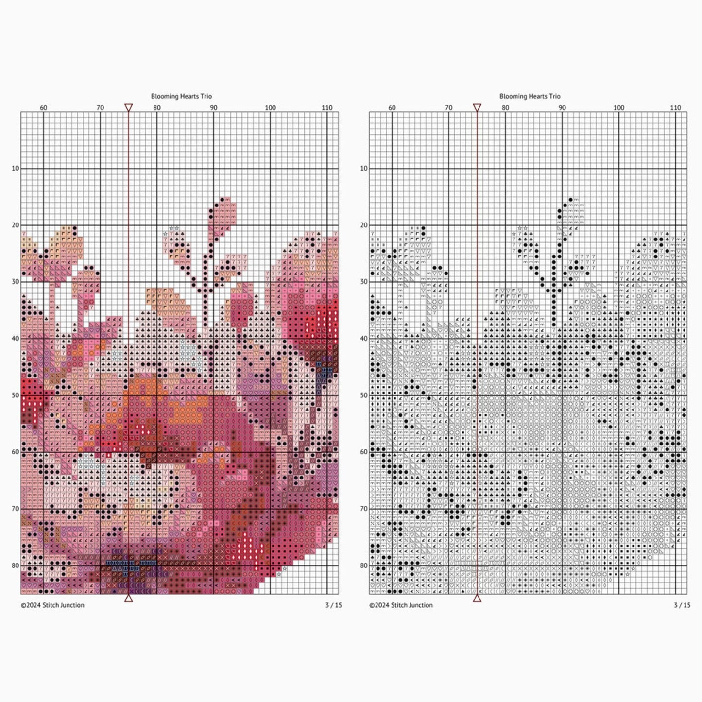 Blooming Hearts Trio Cross Stitch Pattern, Floral Cross Stitch Pattern, Heart Cross Stitch Pattern, Flower Embroidery. Digital PDF Download