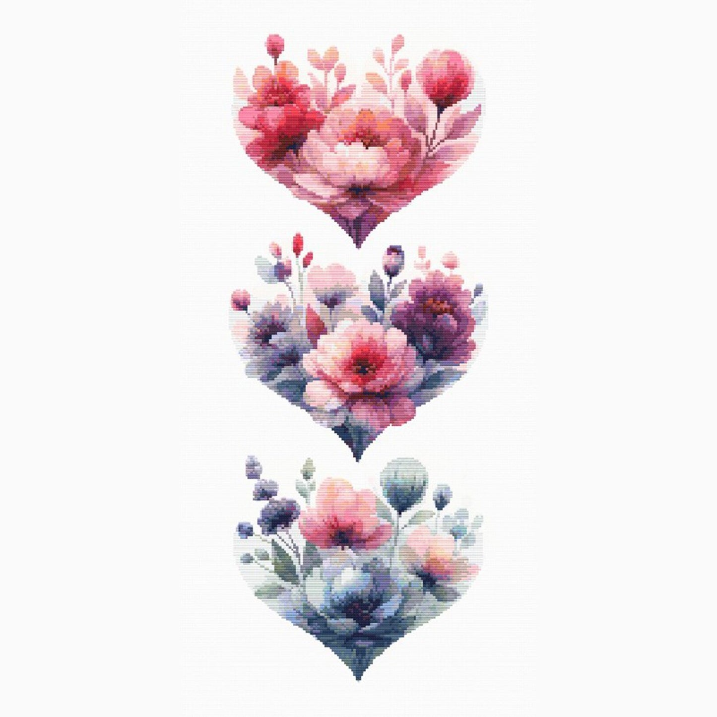 Blooming Hearts Trio Cross Stitch Pattern, Floral Cross Stitch Pattern, Heart Cross Stitch Pattern, Flower Embroidery. Digital PDF Download