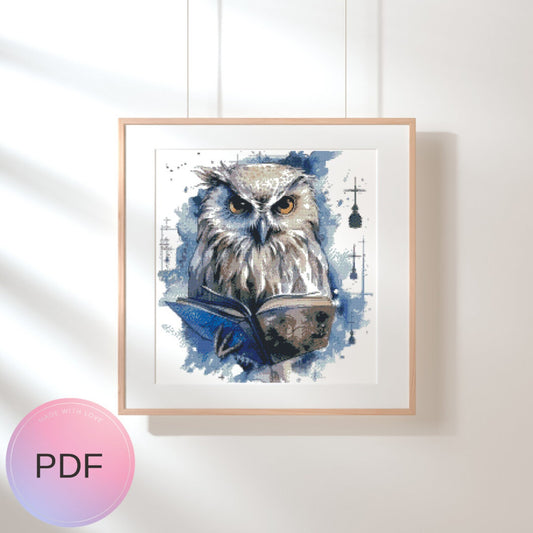 Owl Reading Book Cross Stitch Pattern , Watercolor X Stitch Chart , Instant Download , Pdf , Wizard , Witch