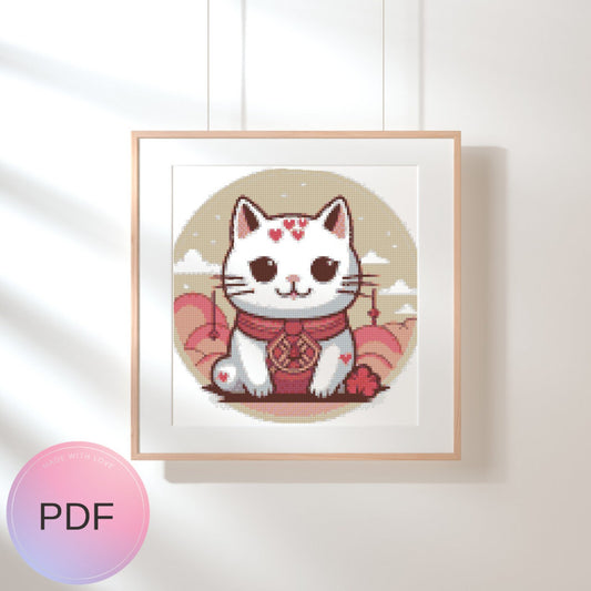 Lucky Cat Cross Stitch Pattern , Watercolor X Stitch Chart , Instant Download , Pdf