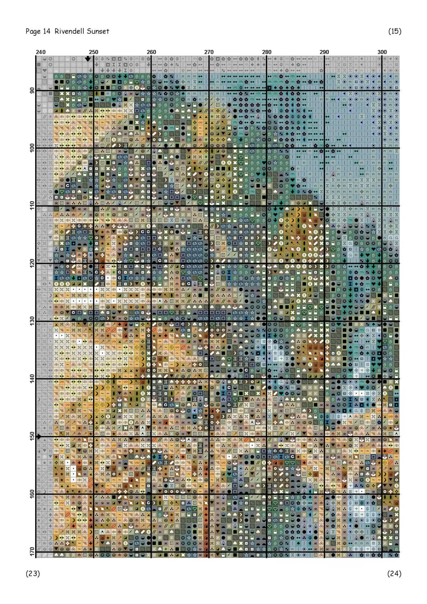 PDF Cross Stitch Pattern "Rivendell Sunset" DMC 88 Solid/Blended Colors 498w X 300h Stitches, Size on 18th Count 71w X 43h cm (28w' X 17h')