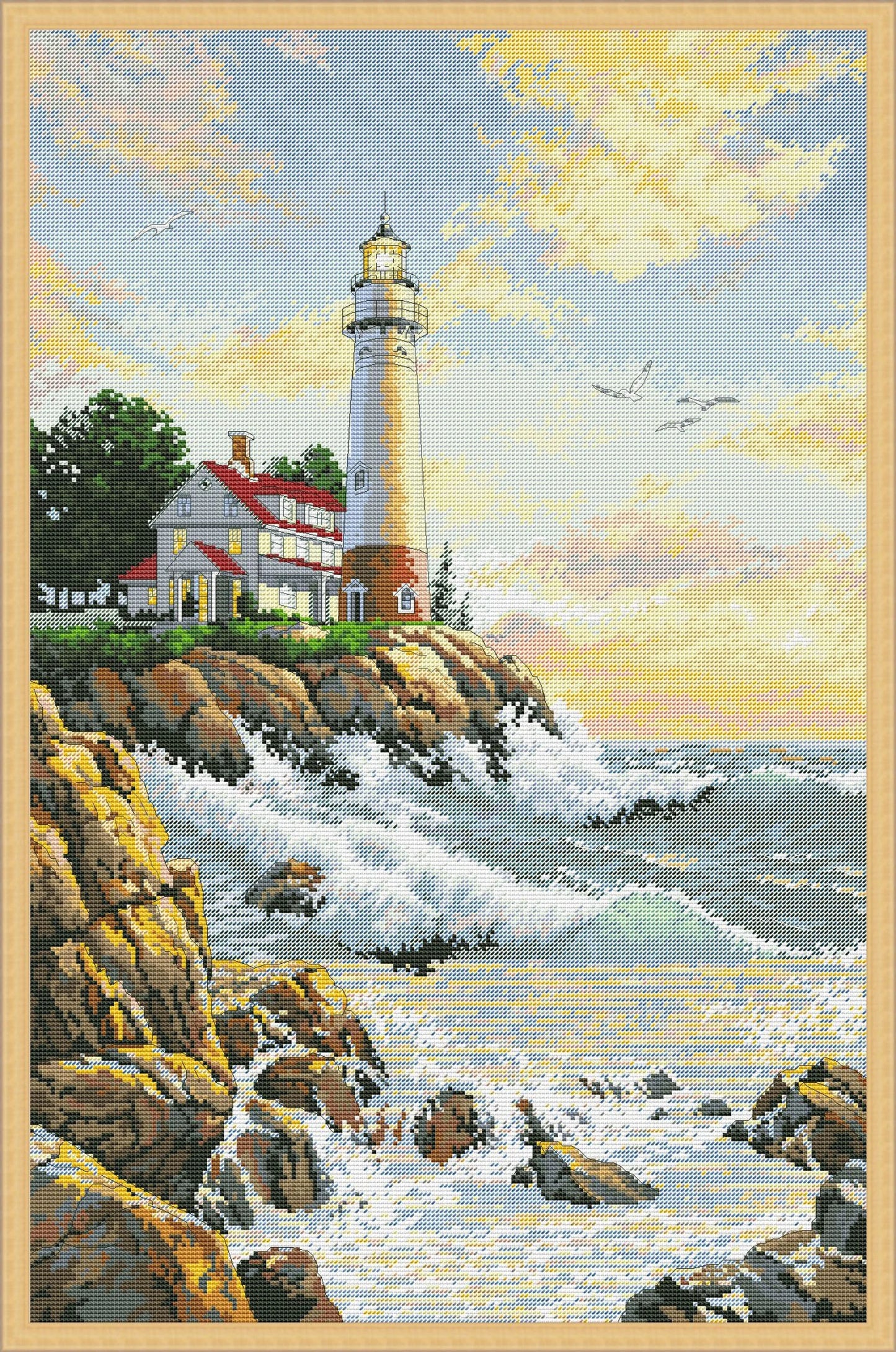 Rocky Point, Lighthouse, Counted Cross Stitch Pattern, Summer Landscape, Needlepoint Chart, Digital Pattern PDF, Seagulls, Boat, Sea Wave