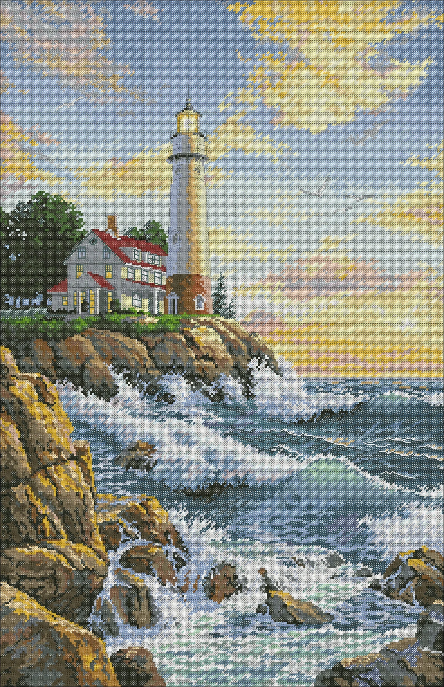 Rocky Point, Lighthouse, Counted Cross Stitch Pattern, Summer Landscape, Needlepoint Chart, Digital Pattern PDF, Seagulls, Boat, Sea Wave