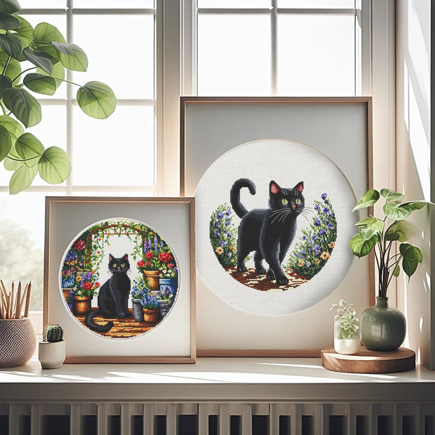 Set of Two Black Cat Cross Stitch Pattern, Cat Cross Stitch, punto de cruz, Cross Stitch Pattern Flower, punto de cruz
