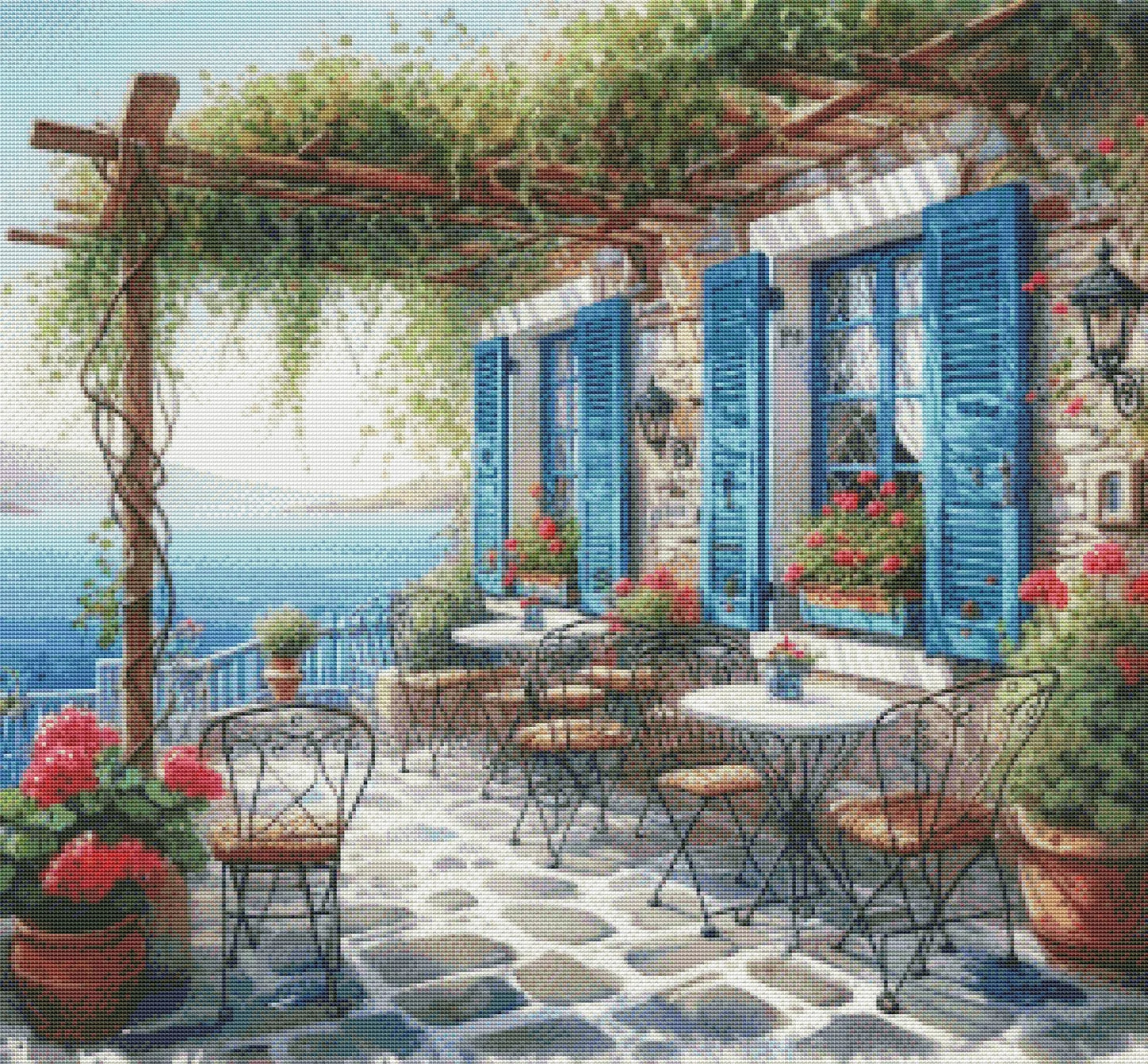 PDF Greek Cafe Counted Cross Stitch Pattern, Greece Seaview Landscape Instant Download Digital Format