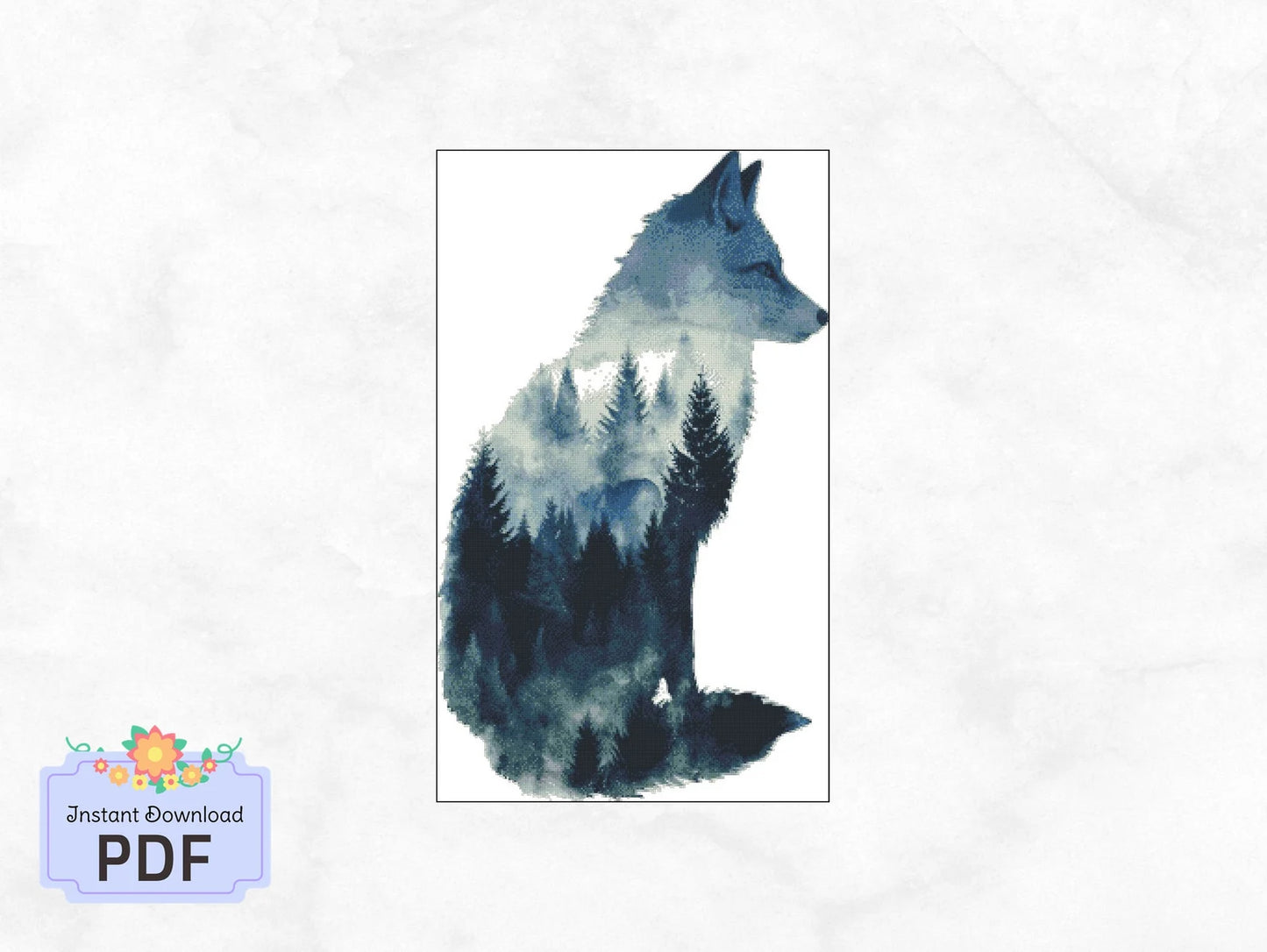 Wolf With Trees Cross Stitch Pattern , Watercolor X Stitch Chart , Instant Download , Pdf , Animal