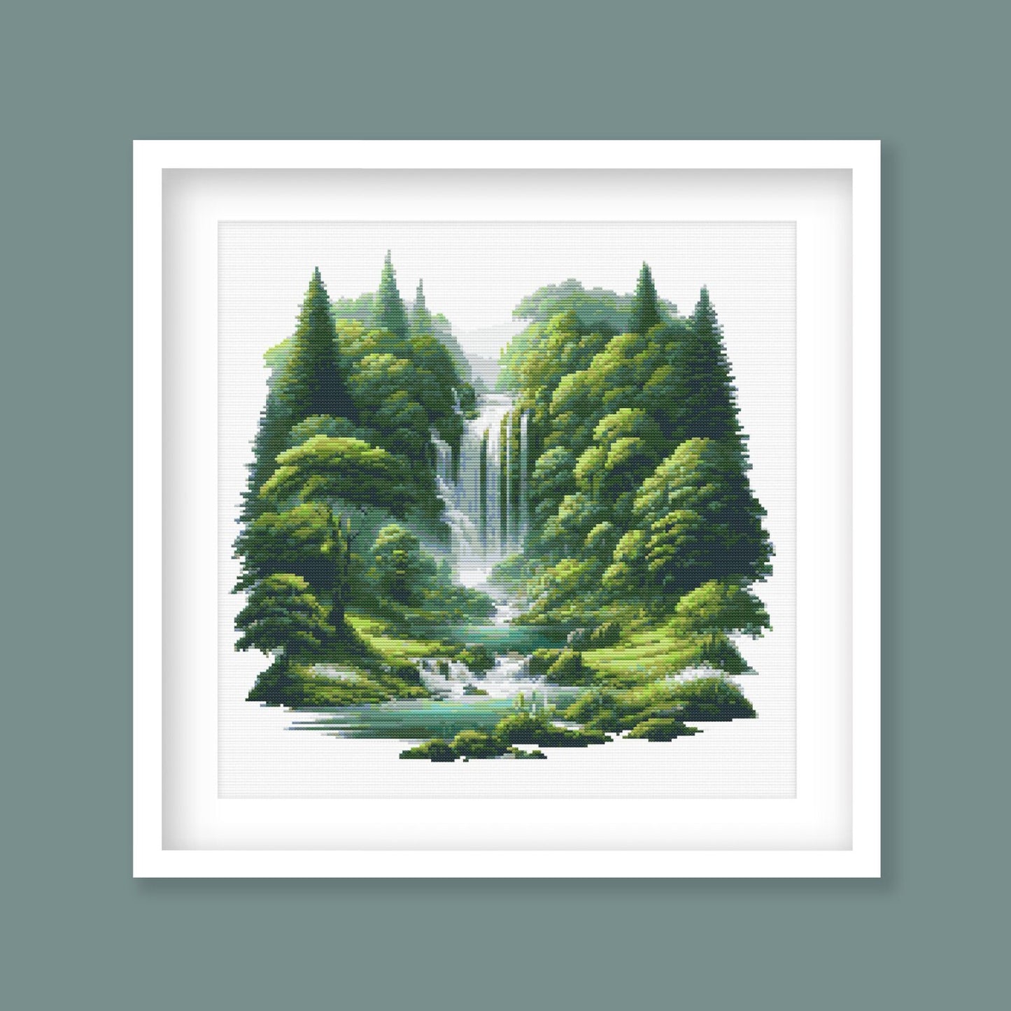 Forest Waterfall Cross Stitch Pattern, Digital Download, Nature Landscape Embroidery, Needlepoint Craft, Digital PDF Download.