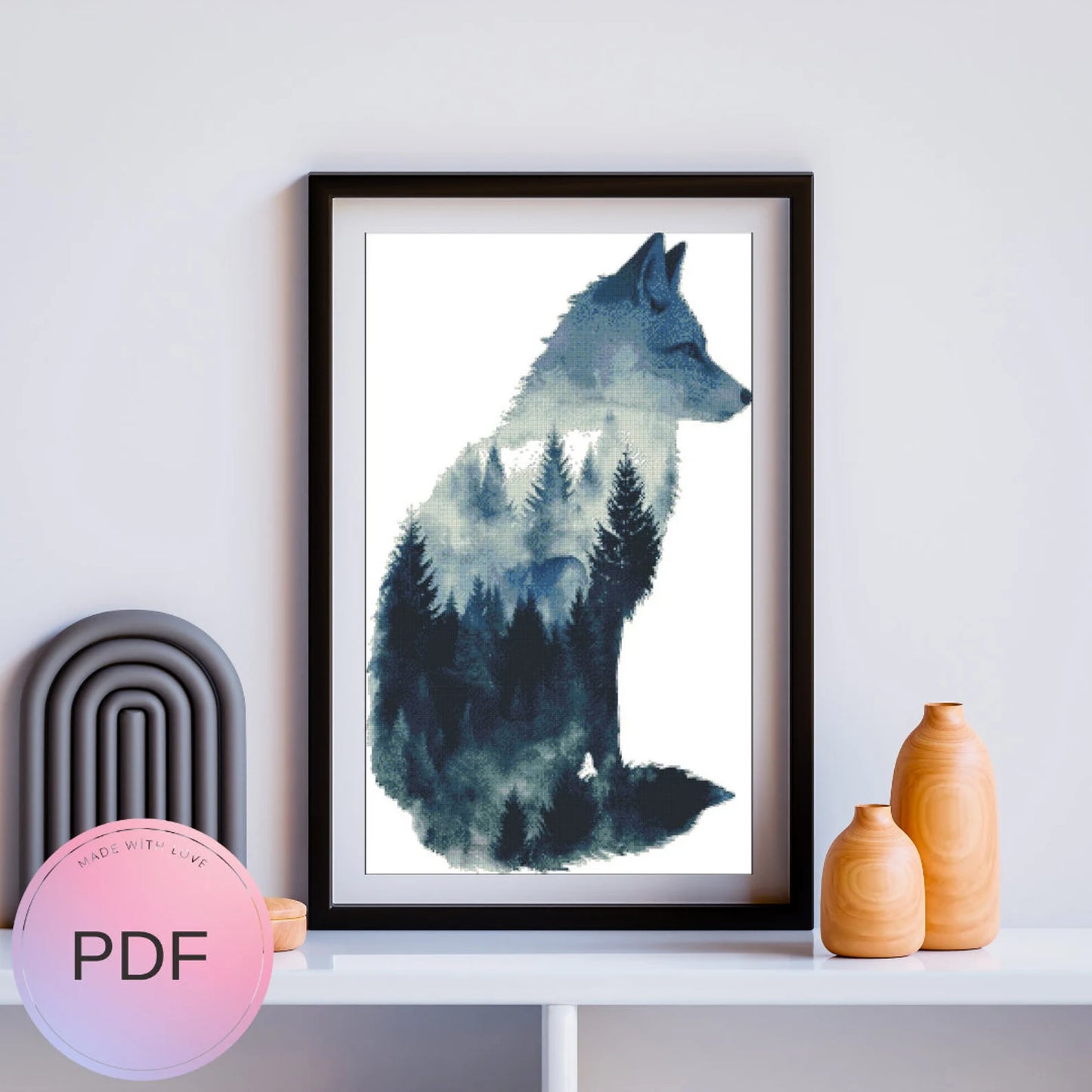 Wolf With Trees Cross Stitch Pattern , Watercolor X Stitch Chart , Instant Download , Pdf , Animal