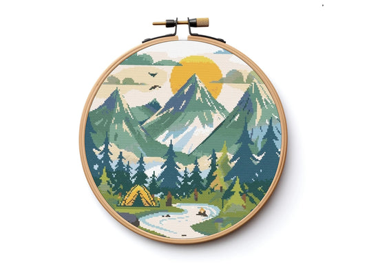 Campsite Mountains Woodland Cross Stitch Sewing Embroidery Pattern DMC X-Stitch Landscape Cottagecore Needlework Forest Camping Patagonia
