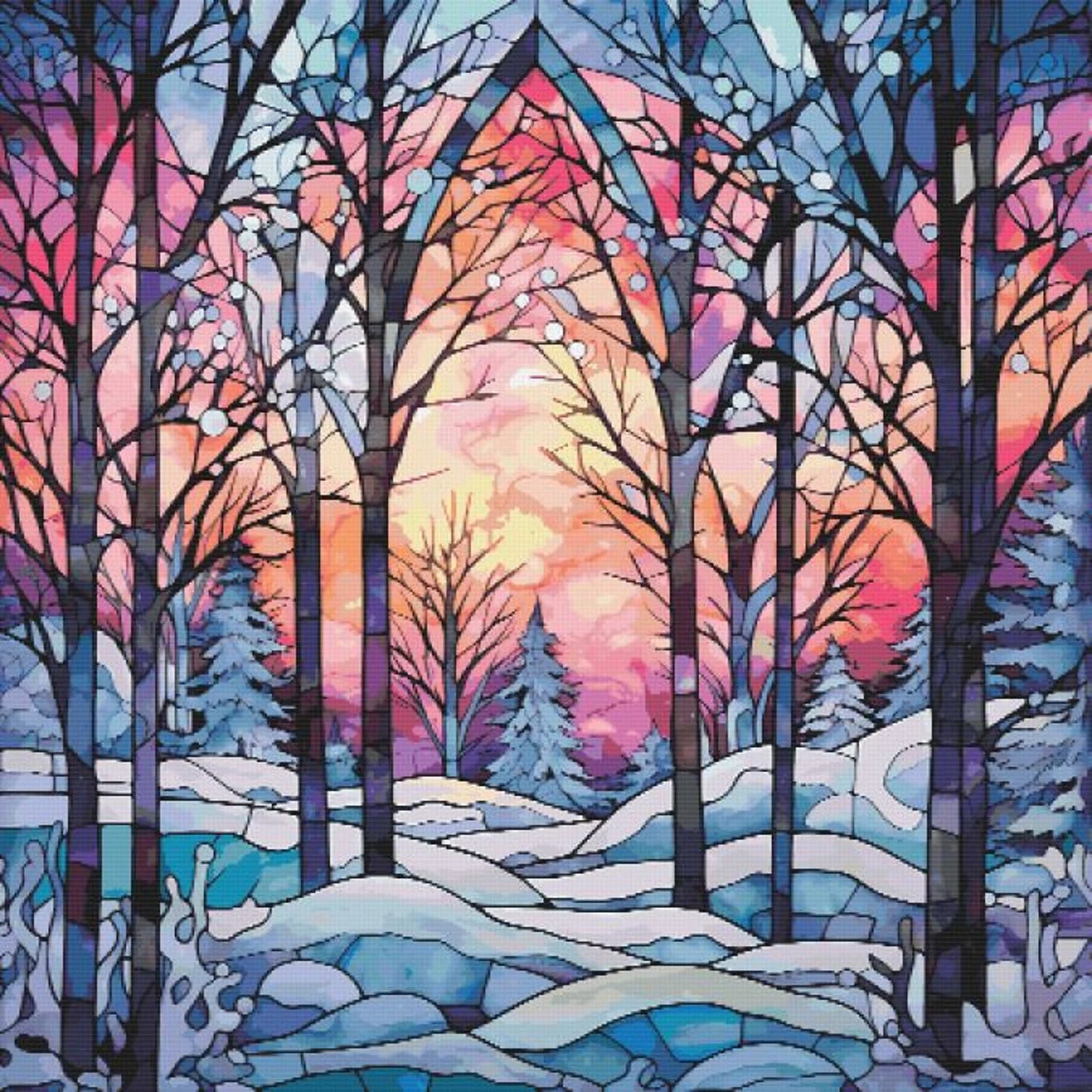 Winter stained glass cross stitch pattern full coverage PDF