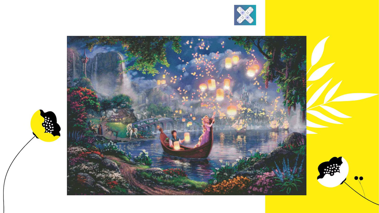 Cross Stitch Pattern PDF "Tangled" DMC 128 Solid Colors, 640w X 427h Stitches, Size on 18th Count: 91w X 60h cm (36w" X 24h")