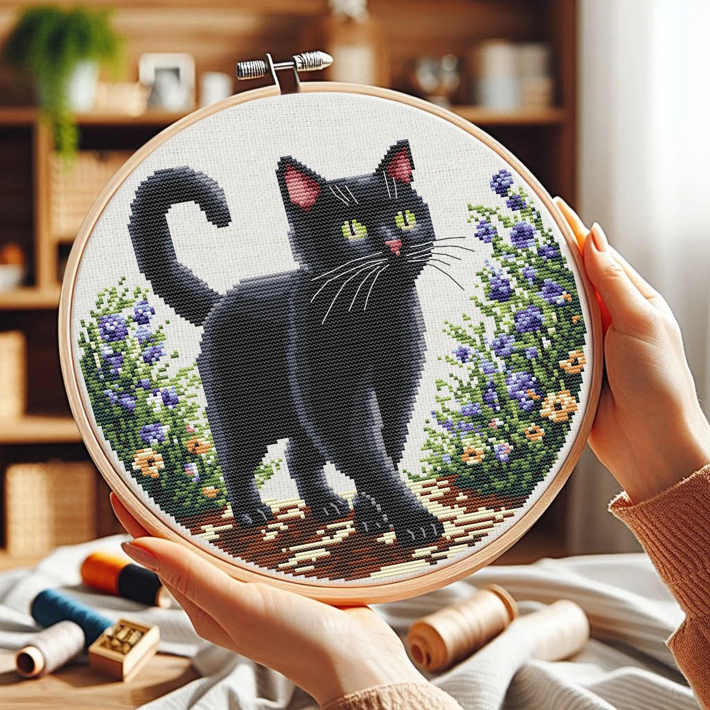 Black Cat Cross Stitch Pattern, Cross Stitch, punto de cruz, point de croix, Cross Stitch Pattern Flower, Cat Cross Stitch Pattern
