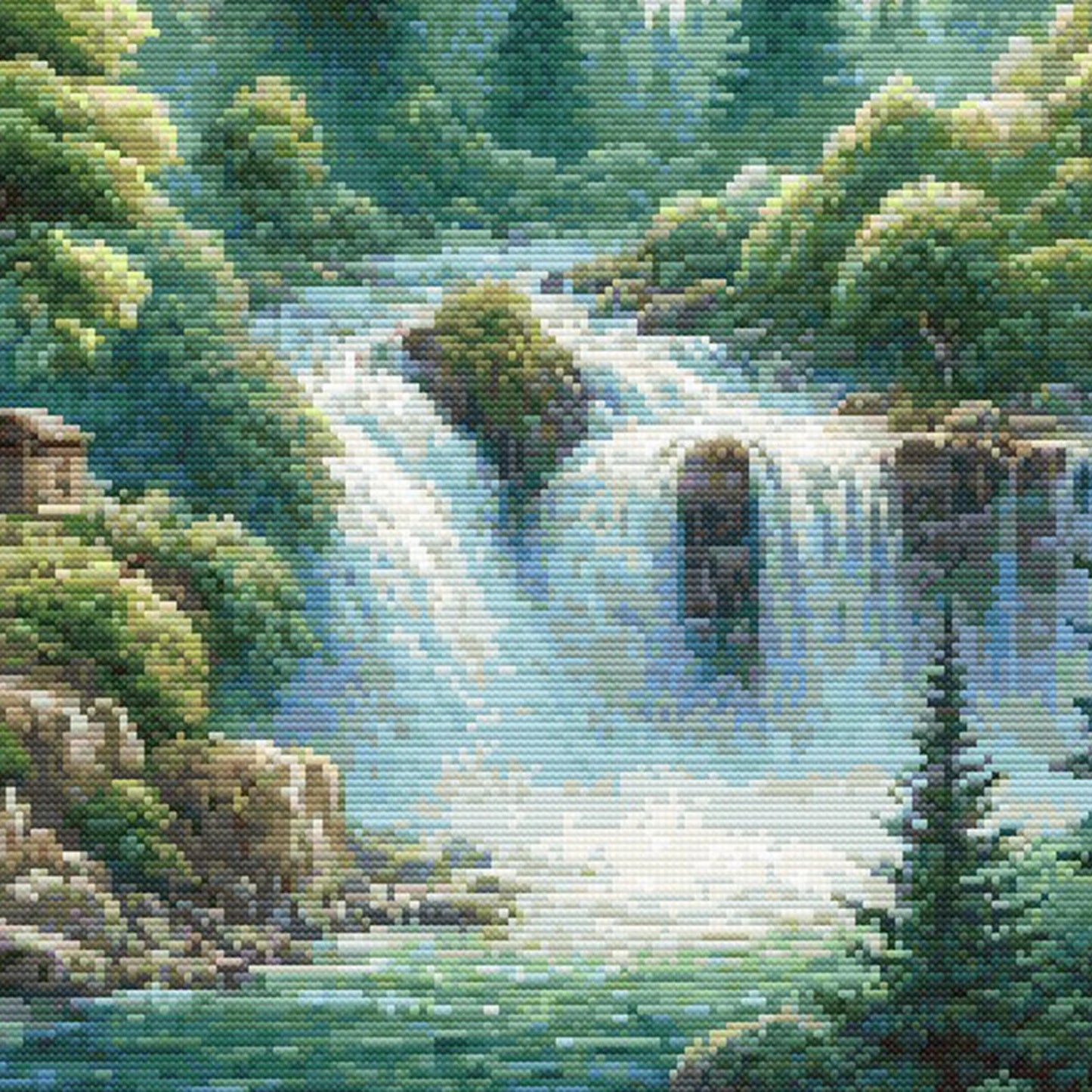 Mountain Cabin Retreat Cross Stitch Pattern – Waterfall & Forest Landscape, Scenic Embroidery Design. Digital PDF Download.