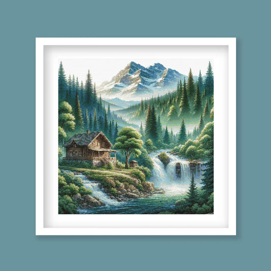 Mountain Cabin Retreat Cross Stitch Pattern – Waterfall & Forest Landscape, Scenic Embroidery Design. Digital PDF Download.