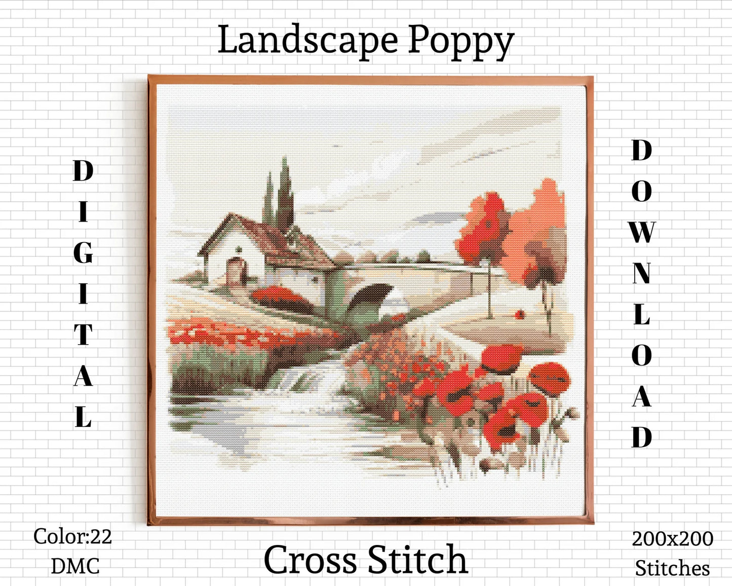 Landscape Cross Stitch Pattern | Landscape Cross Stitch | Poppy Cross Stitch | Landscape Embroidery Pattern | Landscape Cross Stitch Kit