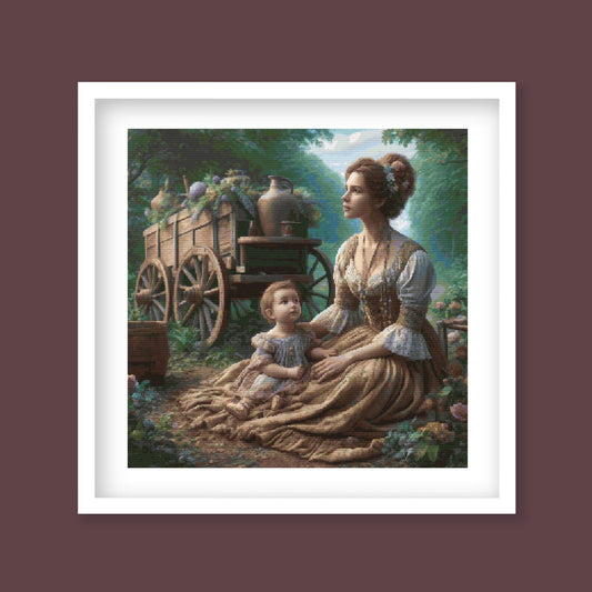Victorian Garden Cross Stitch Pattern - Mother and Child in Vintage Dress by Old Cart Embroidery Design, Digital PDF Download.