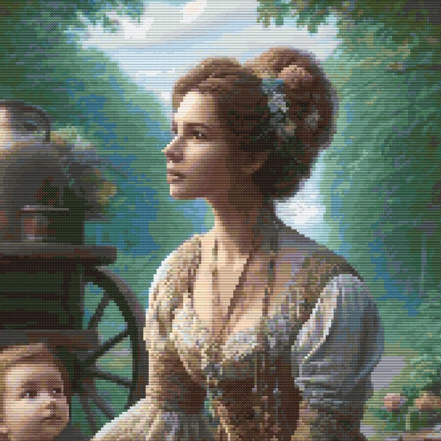 Victorian Garden Cross Stitch Pattern - Mother and Child in Vintage Dress by Old Cart Embroidery Design, Digital PDF Download.
