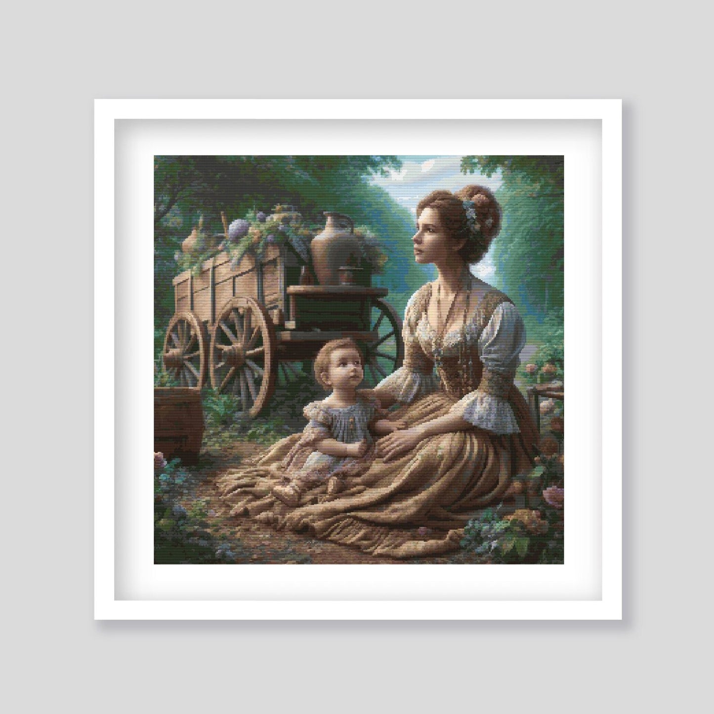 Victorian Garden Cross Stitch Pattern - Mother and Child in Vintage Dress by Old Cart Embroidery Design, Digital PDF Download.