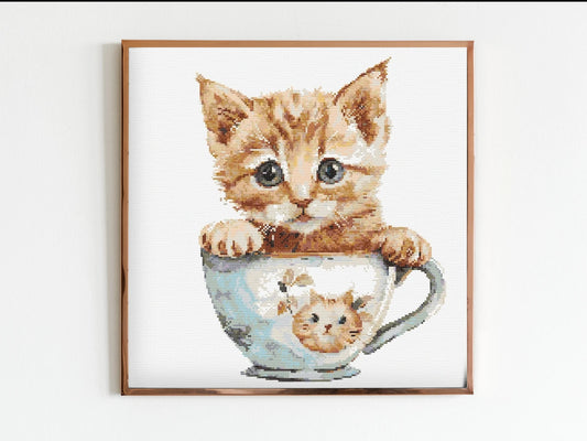 Kitten in a Teacup Cross Stitch Sewing Embroidery Pattern Instant DMC Download X-Stitch Flowers Cottagecore Cute Cat Lover Kitty Ginger