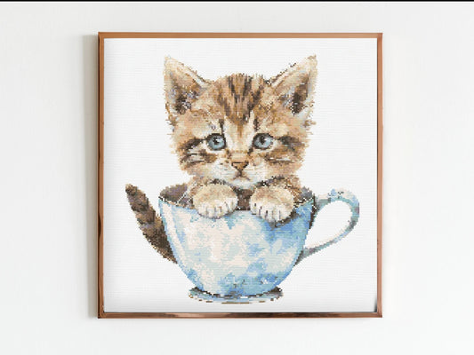 Cute Kitten in a Teacup Cross Stitch Sewing Embroidery Pattern Instant DMC Download X-Stitch Flowers Cottagecore Cute Cat Lover Kitty Ginger