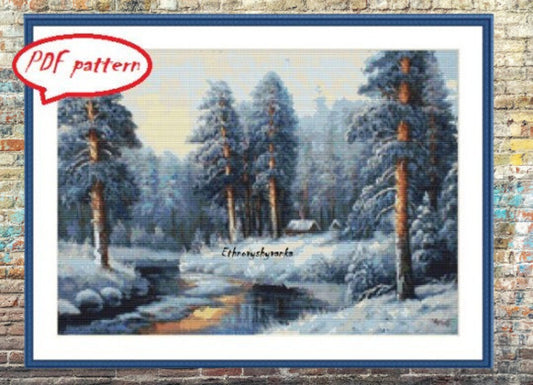 Winter Landscape Counted cross stitch pattern winter landscape Digital cross stitch chart winter woodland PDF christmas cross stitch pattern