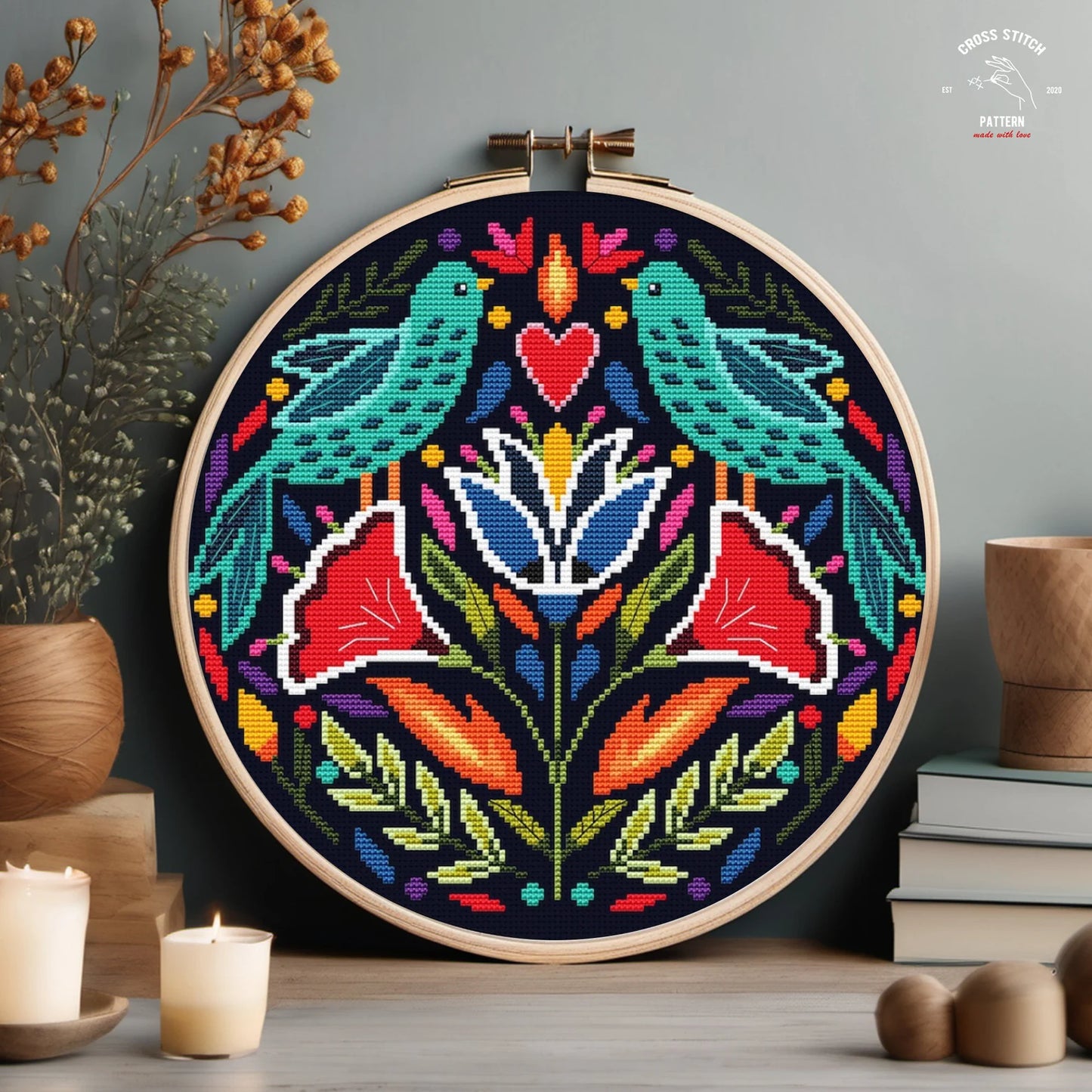 Folk cross stitch pattern Scandinavian ornament cross stitch Nordic cross stitch Birds Polish ethnic Flower embroidery Diy home decor
