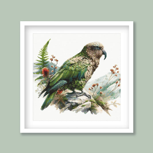 New Zealand Kea Cross Stitch Pattern. Native New Zealand Bird Cross-Stitch Pattern in watercolor tones. Digital PDF Download