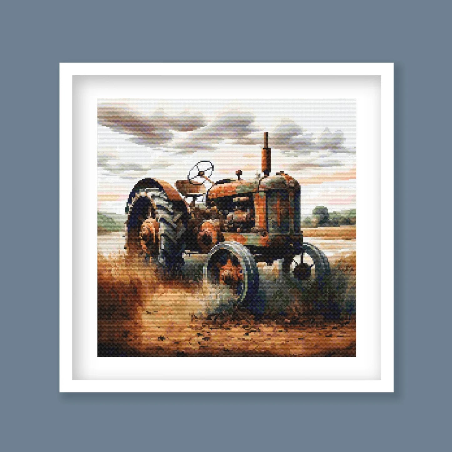 Vintage Farm Tractor Cross Stitch Pattern – Rustic Countryside Needlework Design. Digital Download