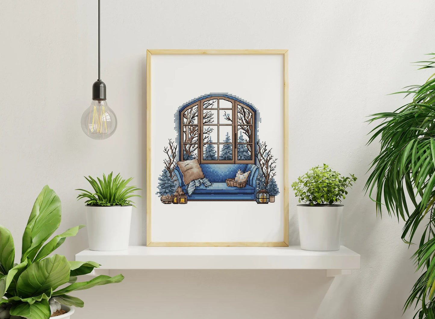 Winter Cross Stitch Pattern PDF, Interior Embroidery PDF, Winter sofa Embroidery PDF, Winter window cross stitch, Embroidery decor