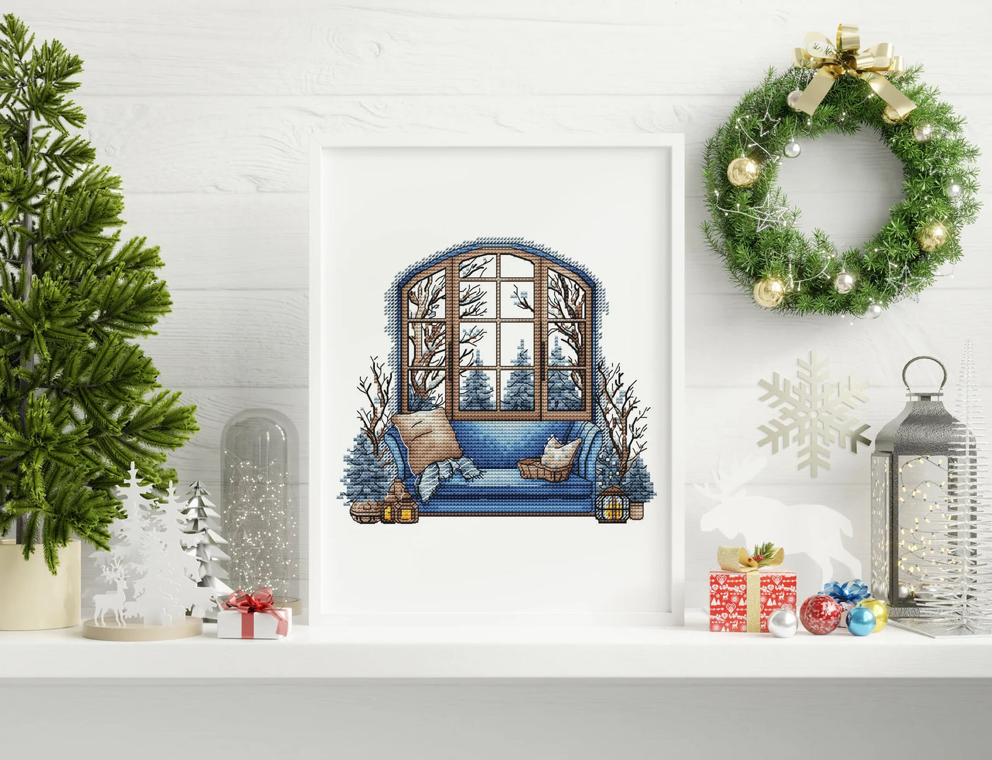 Winter Cross Stitch Pattern PDF, Interior Embroidery PDF, Winter sofa Embroidery PDF, Winter window cross stitch, Embroidery decor