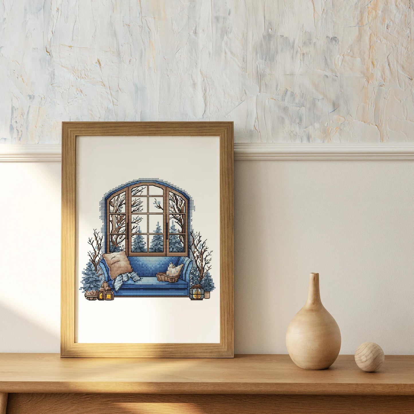 Winter Cross Stitch Pattern PDF, Interior Embroidery PDF, Winter sofa Embroidery PDF, Winter window cross stitch, Embroidery decor