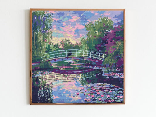 Monet Style Bridge Cross Stitch Sewing Embroidery Pattern Instant DMC X-Stitch Landscape Cottagecore Needlework River Art Artwork Reflective