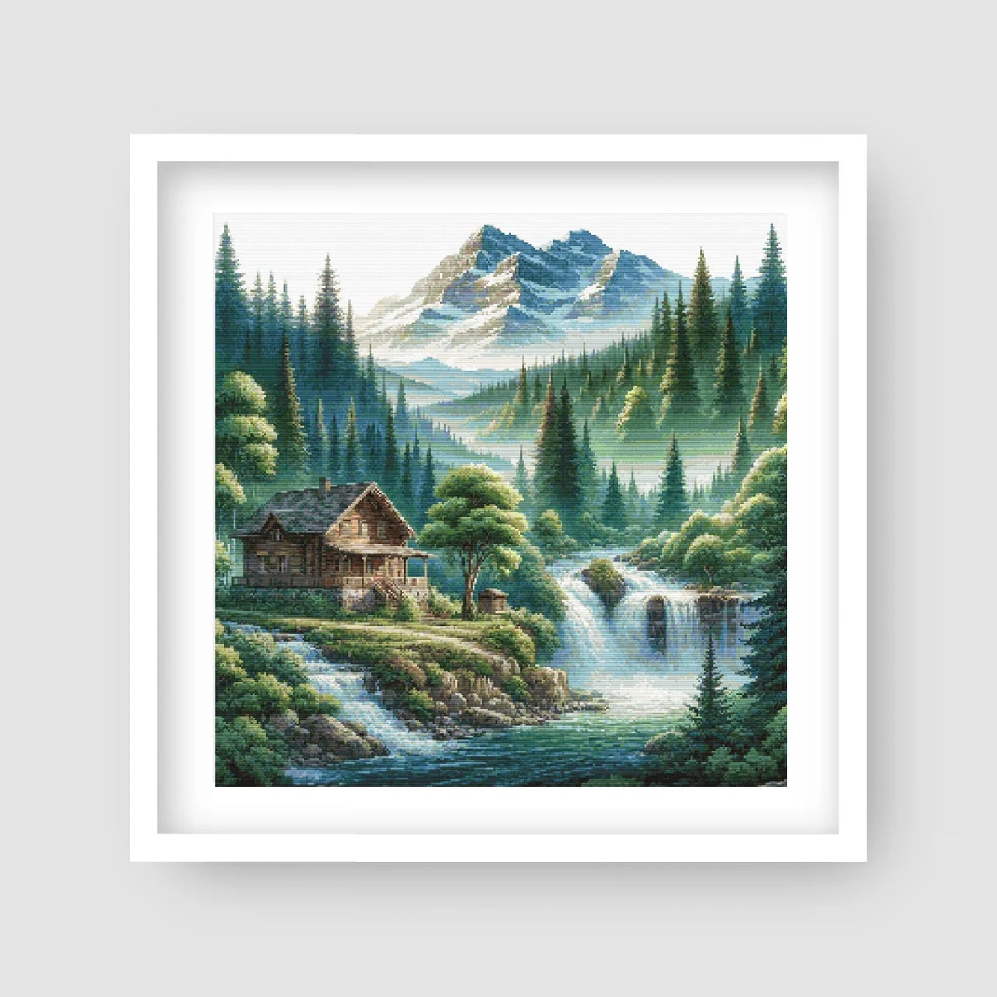 Mountain Cabin Retreat Cross Stitch Pattern – Waterfall & Forest Landscape, Scenic Embroidery Design. Digital PDF Download.