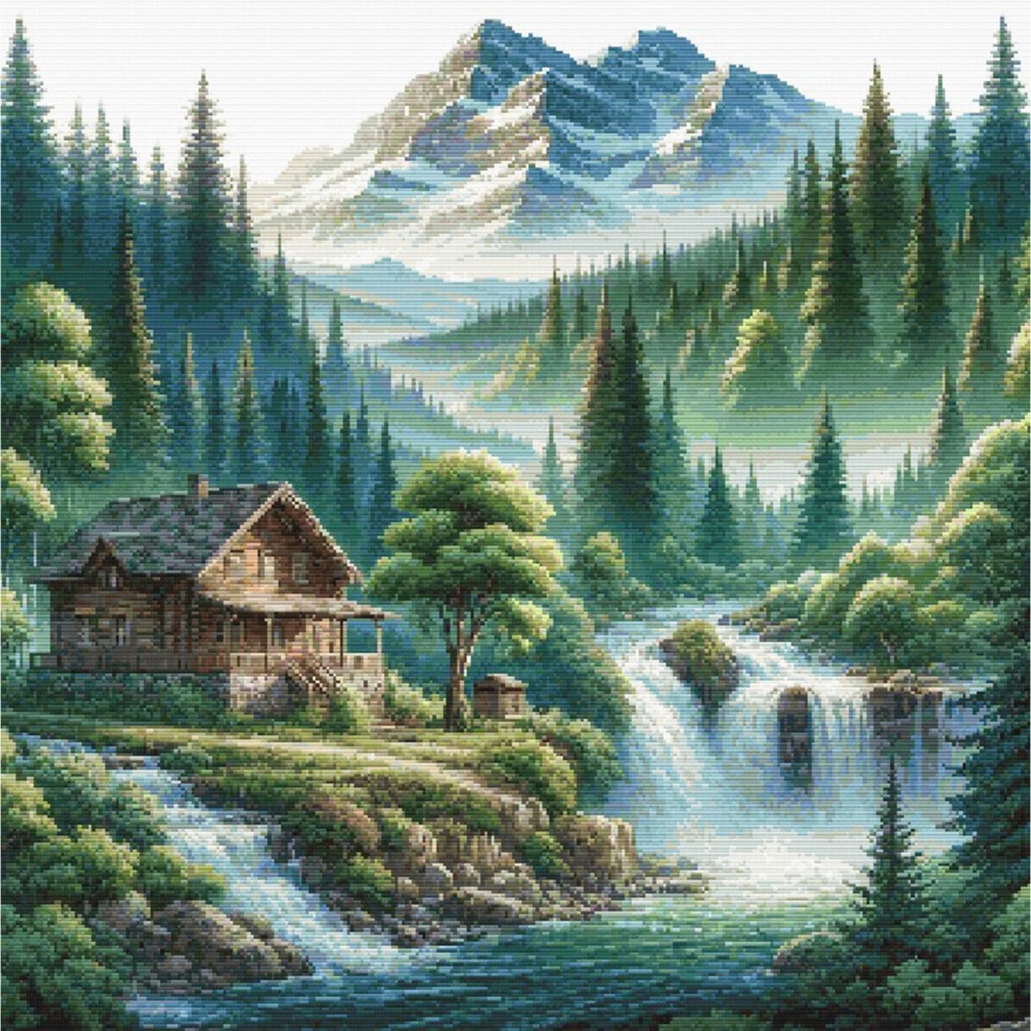 Mountain Cabin Retreat Cross Stitch Pattern – Waterfall & Forest Landscape, Scenic Embroidery Design. Digital PDF Download.