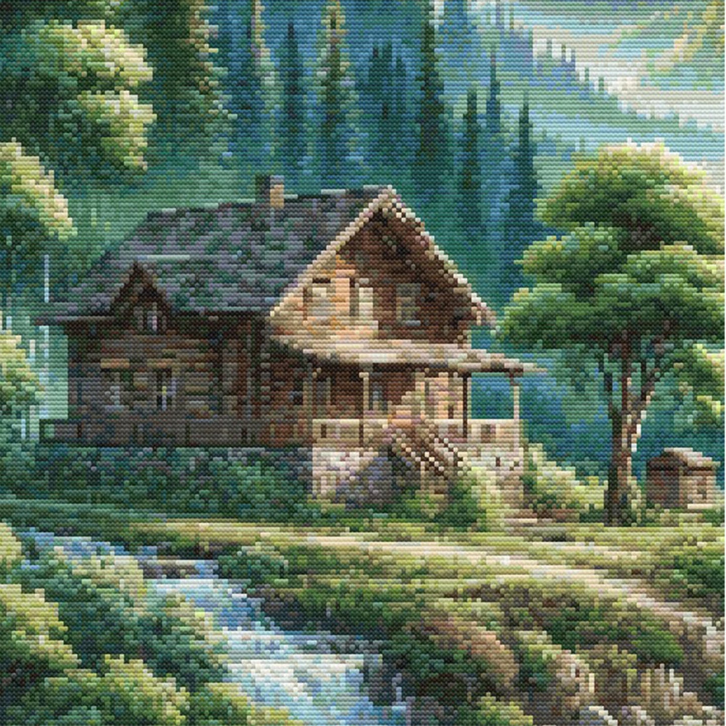 Mountain Cabin Retreat Cross Stitch Pattern – Waterfall & Forest Landscape, Scenic Embroidery Design. Digital PDF Download.