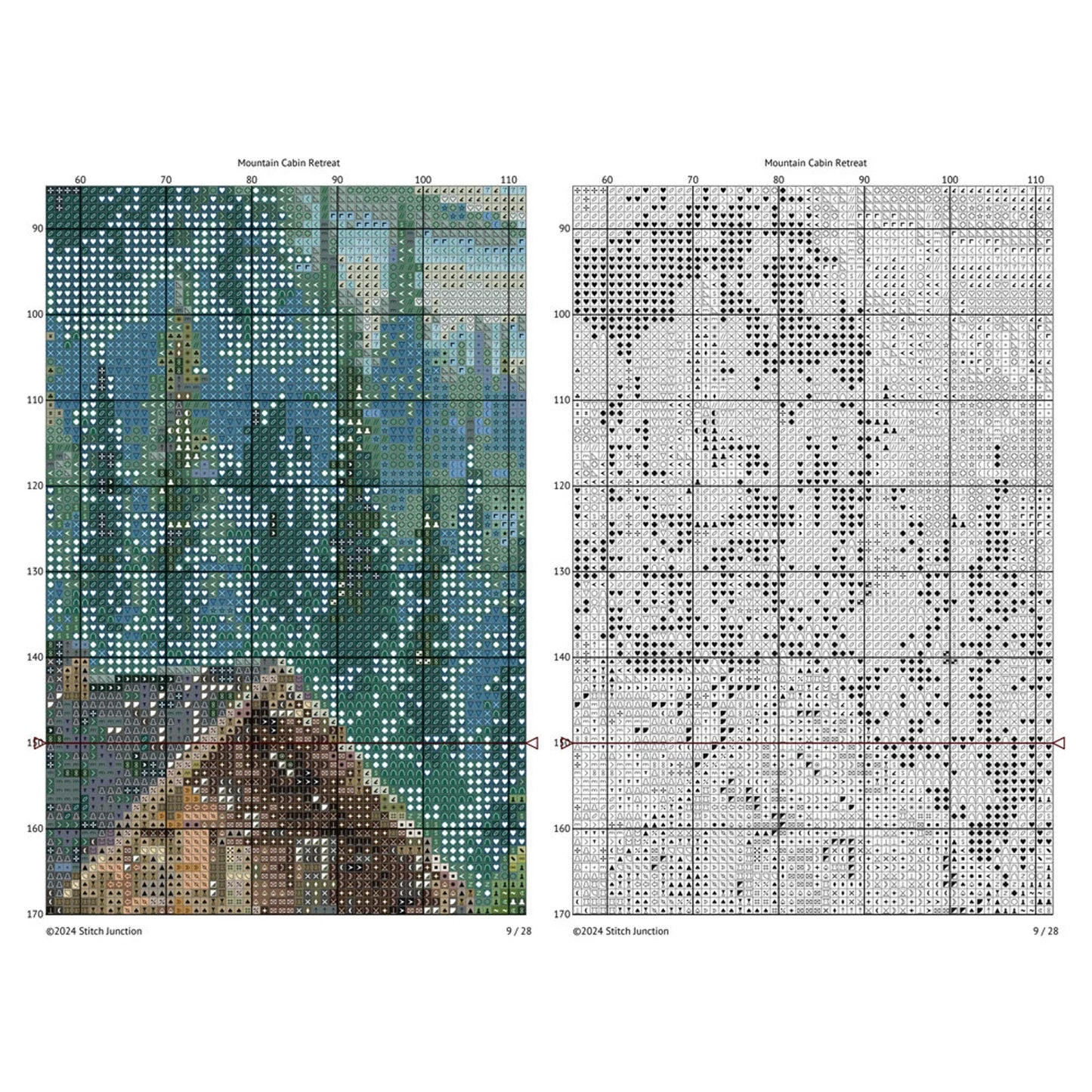 Mountain Cabin Retreat Cross Stitch Pattern – Waterfall & Forest Landscape, Scenic Embroidery Design. Digital PDF Download.
