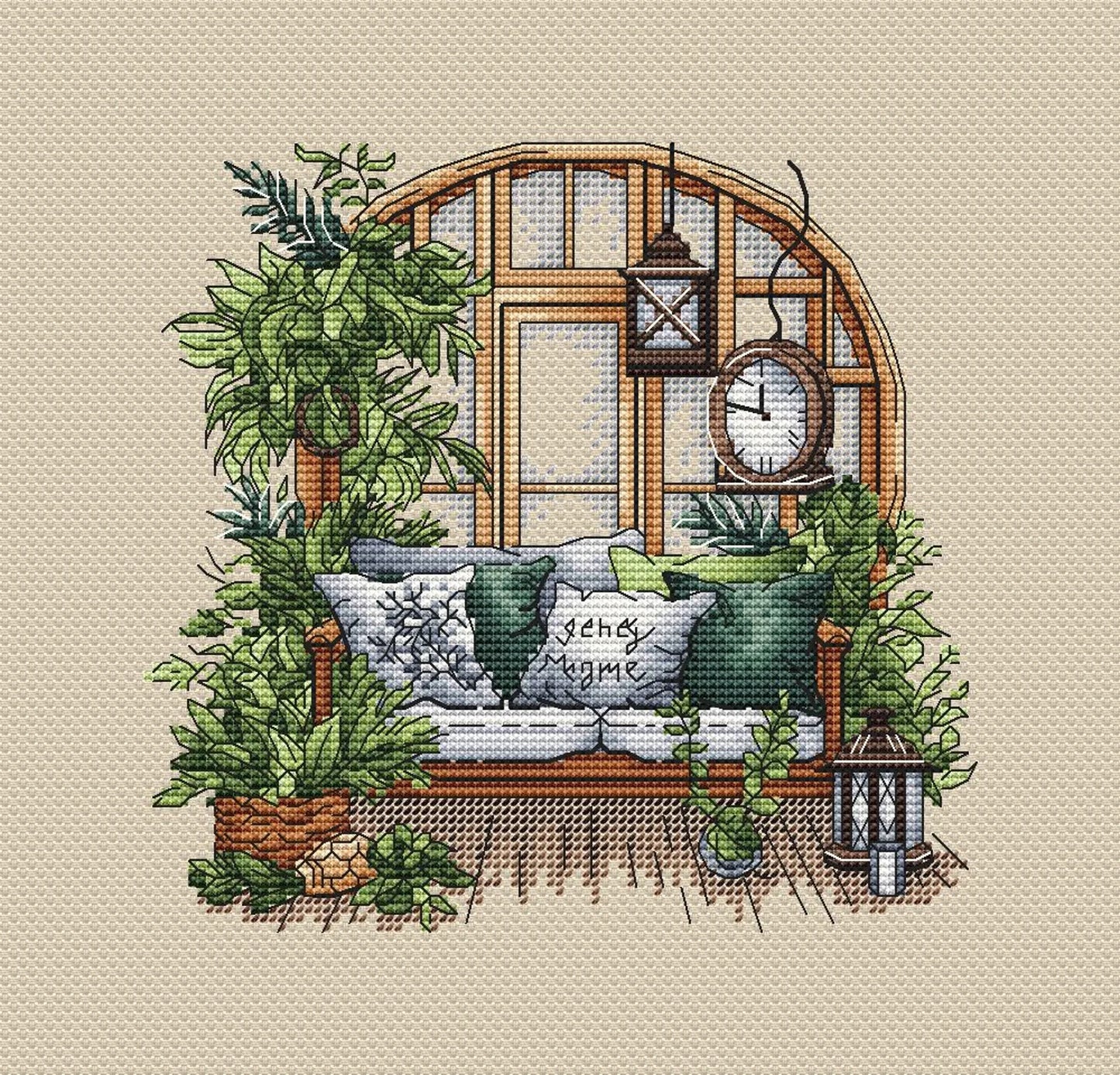 Garden Pattern for Cross Stitch, Interior Embroidery PDF, Green Garden Embroidery PDF, Terrace window cross stitch, Embroidery decor