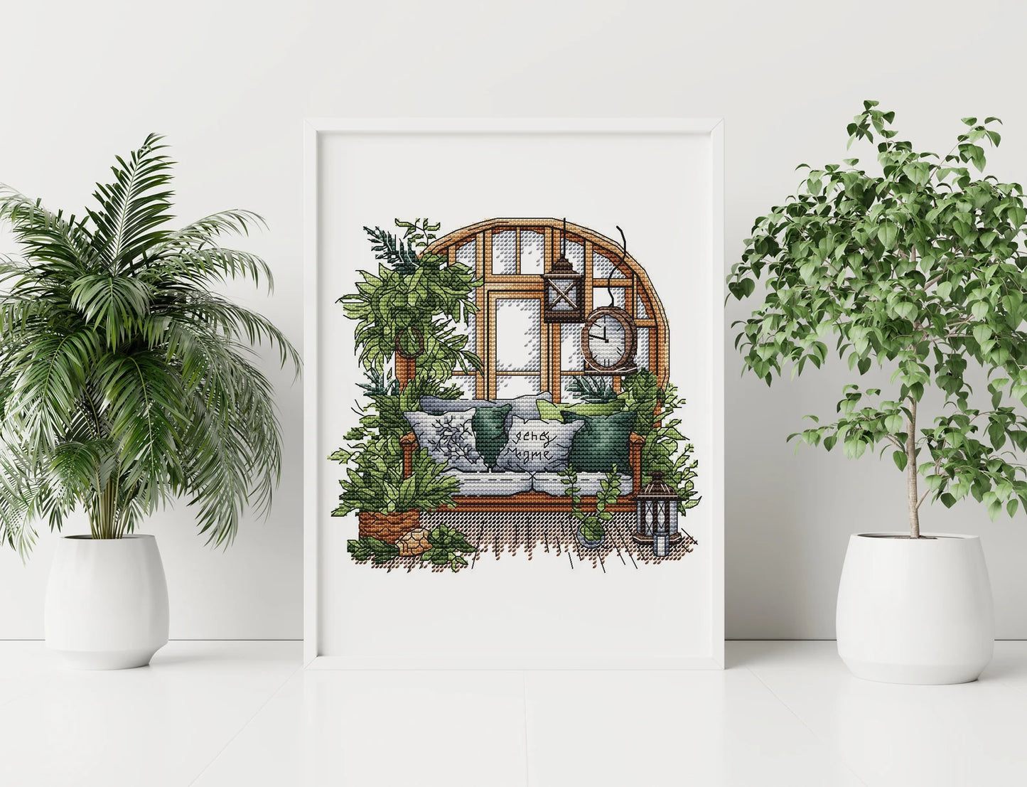 Garden Pattern for Cross Stitch, Interior Embroidery PDF, Green Garden Embroidery PDF, Terrace window cross stitch, Embroidery decor