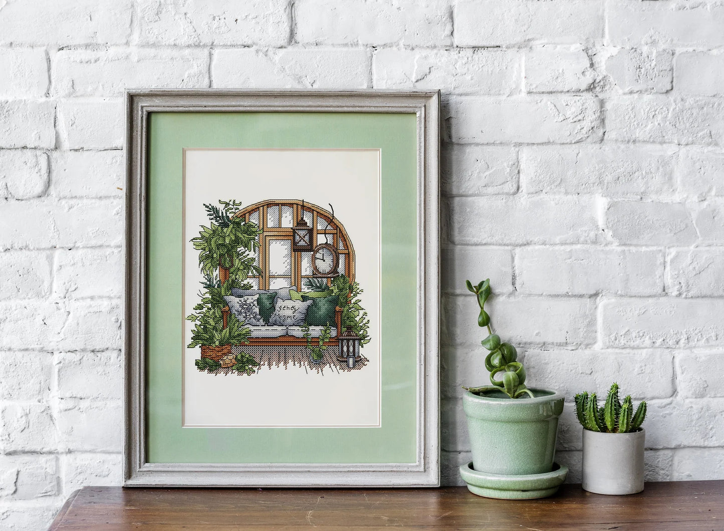 Garden Pattern for Cross Stitch, Interior Embroidery PDF, Green Garden Embroidery PDF, Terrace window cross stitch, Embroidery decor