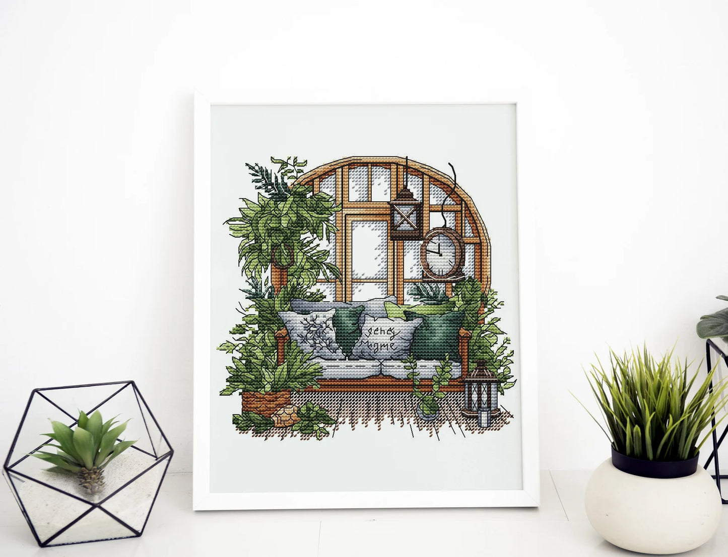 Garden Pattern for Cross Stitch, Interior Embroidery PDF, Green Garden Embroidery PDF, Terrace window cross stitch, Embroidery decor