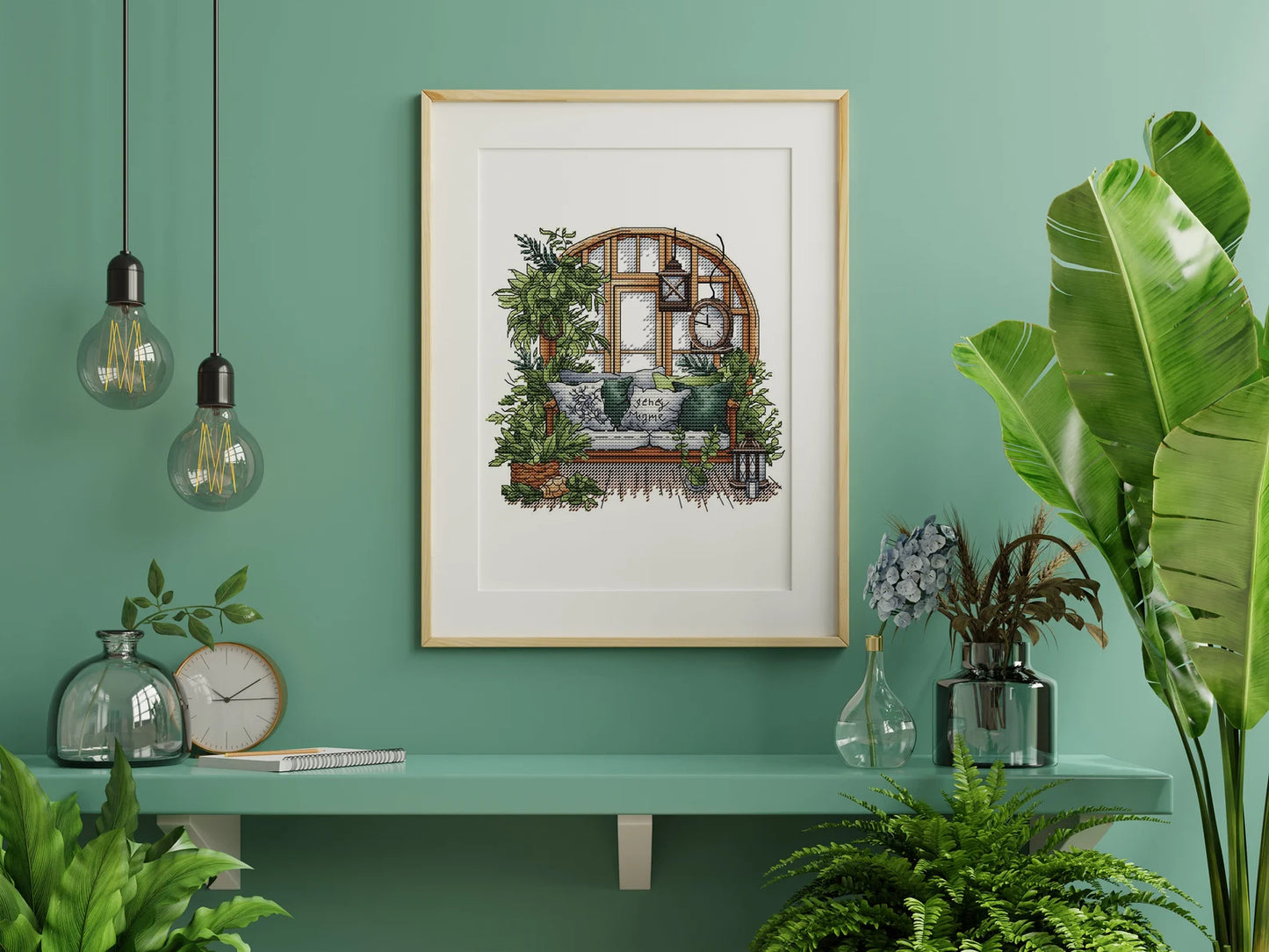 Garden Pattern for Cross Stitch, Interior Embroidery PDF, Green Garden Embroidery PDF, Terrace window cross stitch, Embroidery decor