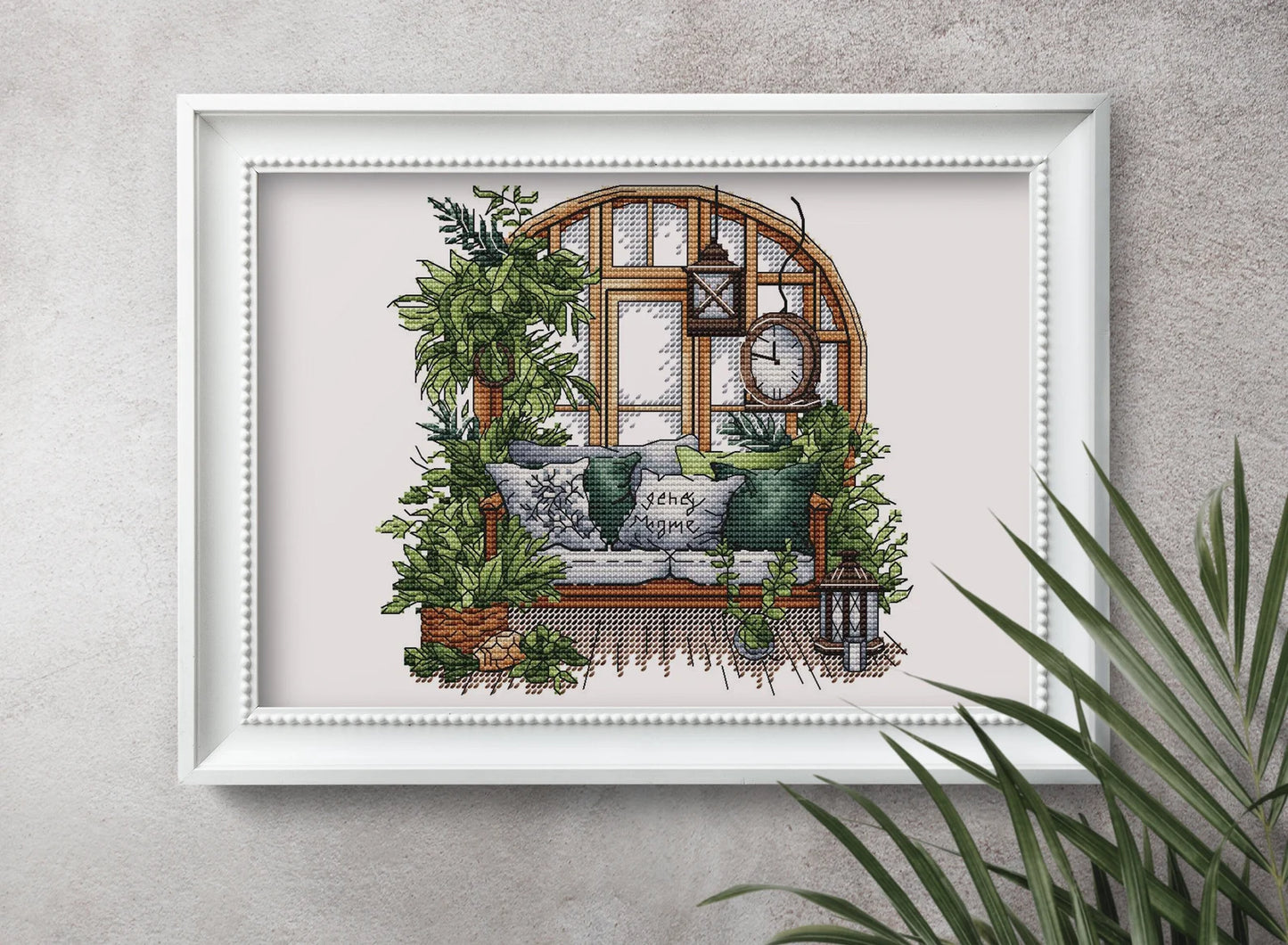 Garden Pattern for Cross Stitch, Interior Embroidery PDF, Green Garden Embroidery PDF, Terrace window cross stitch, Embroidery decor