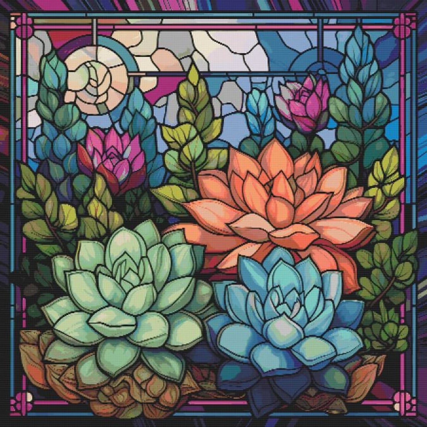 Succulent stained glass cross stitch pattern full coverage PDF