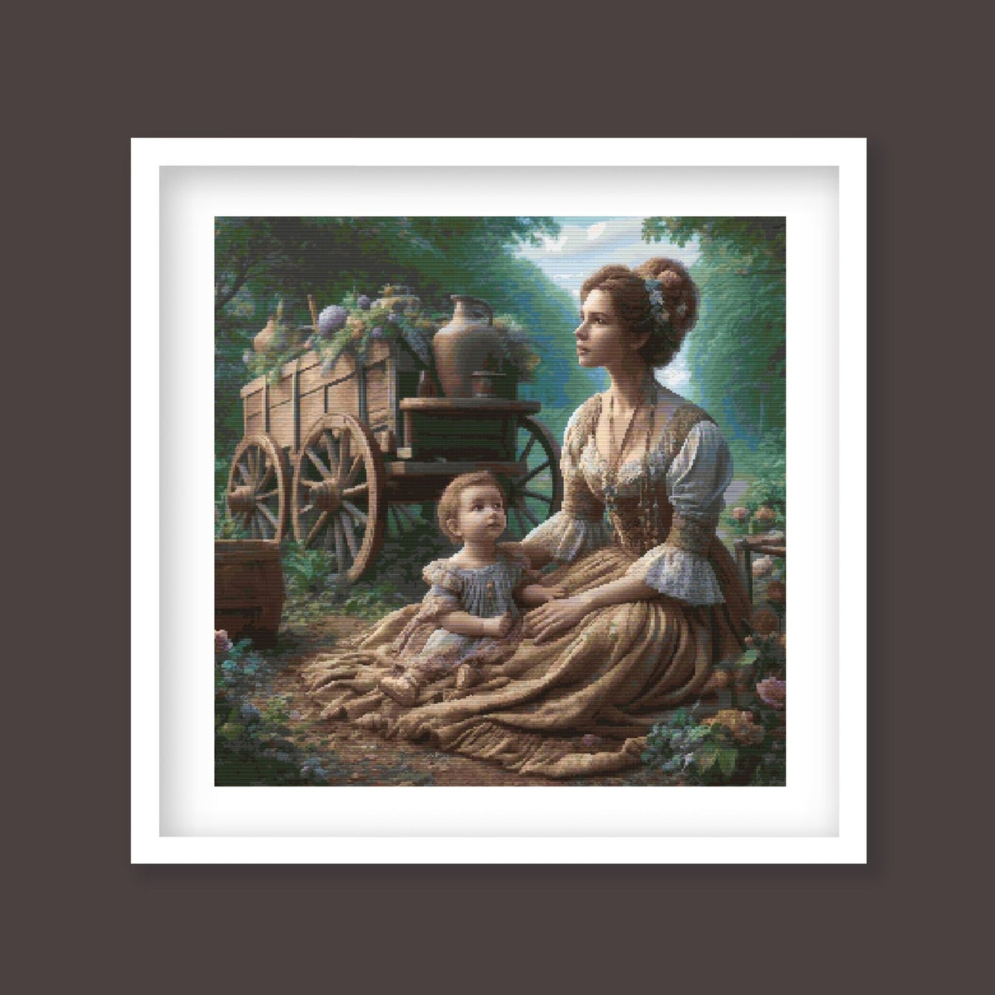 Victorian Garden Cross Stitch Pattern - Mother and Child in Vintage Dress by Old Cart Embroidery Design, Digital PDF Download.