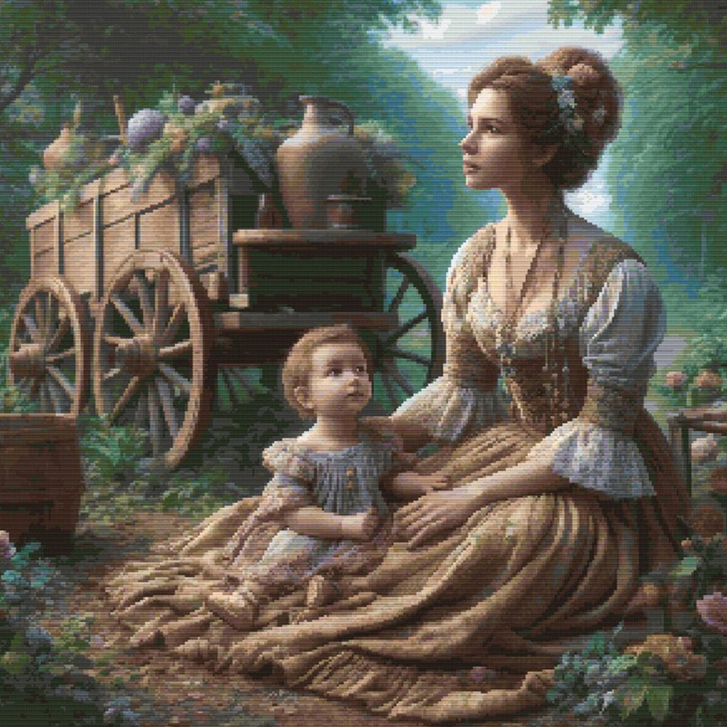 Victorian Garden Cross Stitch Pattern - Mother and Child in Vintage Dress by Old Cart Embroidery Design, Digital PDF Download.