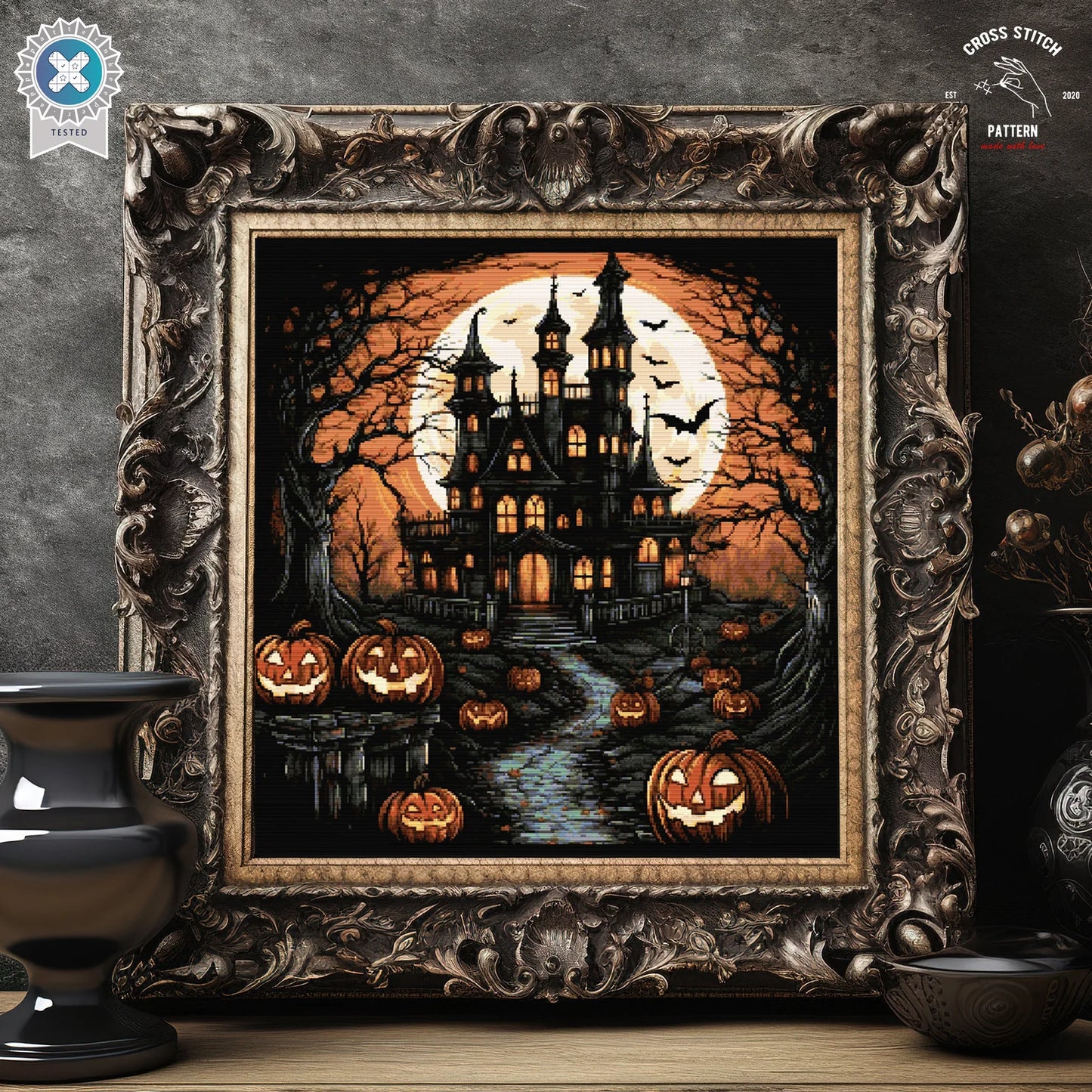 Halloween cross stitch pattern Spooky cross stitch Bat cross stitch Pumpkin cross stitch Ghost embroidery Creepy castle jack o lantern pdf