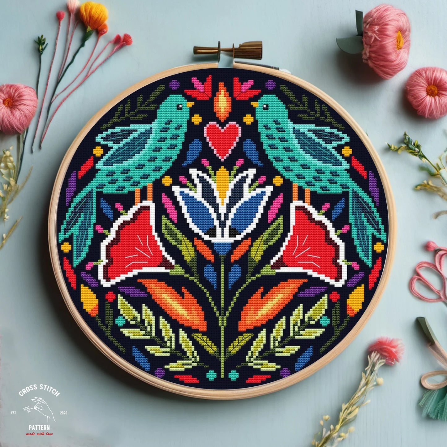 Folk cross stitch pattern Scandinavian ornament cross stitch Nordic cross stitch Birds Polish ethnic Flower embroidery Diy home decor