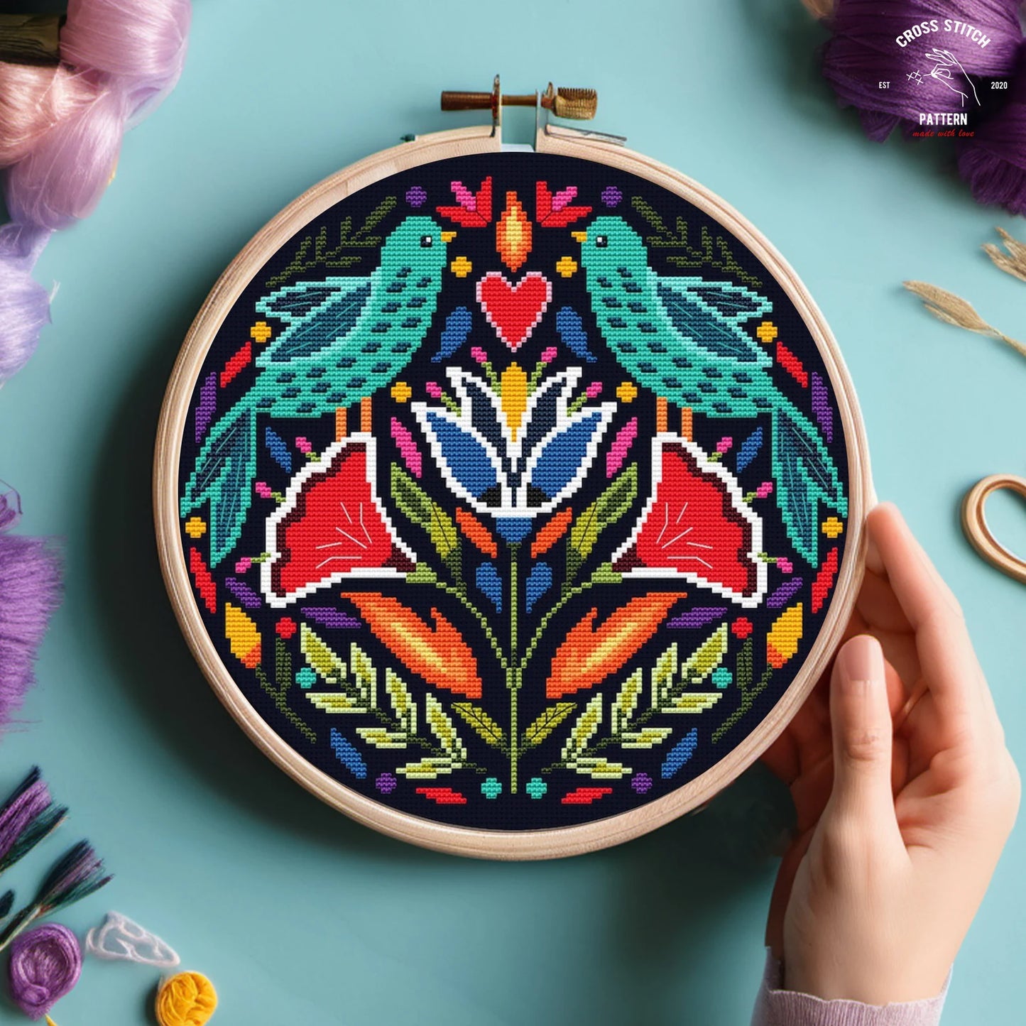 Folk cross stitch pattern Scandinavian ornament cross stitch Nordic cross stitch Birds Polish ethnic Flower embroidery Diy home decor