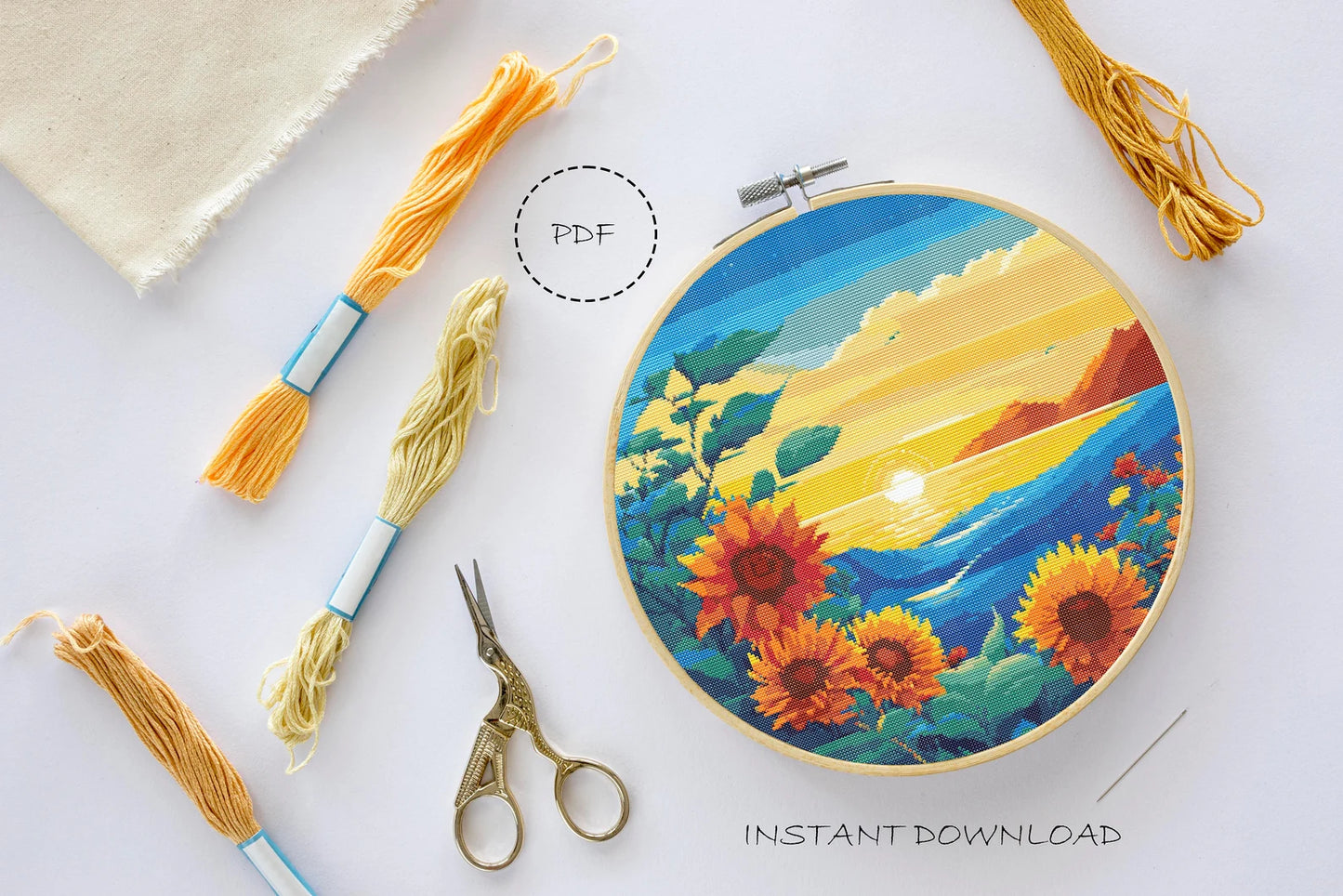 Landscape Cross Stitch Pattern | Landscape Cross Stitch | Sunflower Cross Stitch | Sunflower Embroidery Pattern | Landscape Cross Stitch Kit